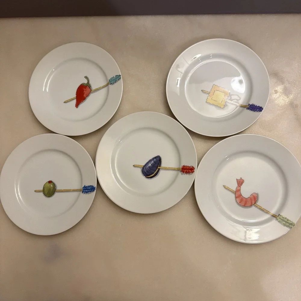 Set Of 5 Crate & Barrel Nancy Green Tidbits 6 .5" Tapas Bread Appetizer Plates - Picture 1 of 7